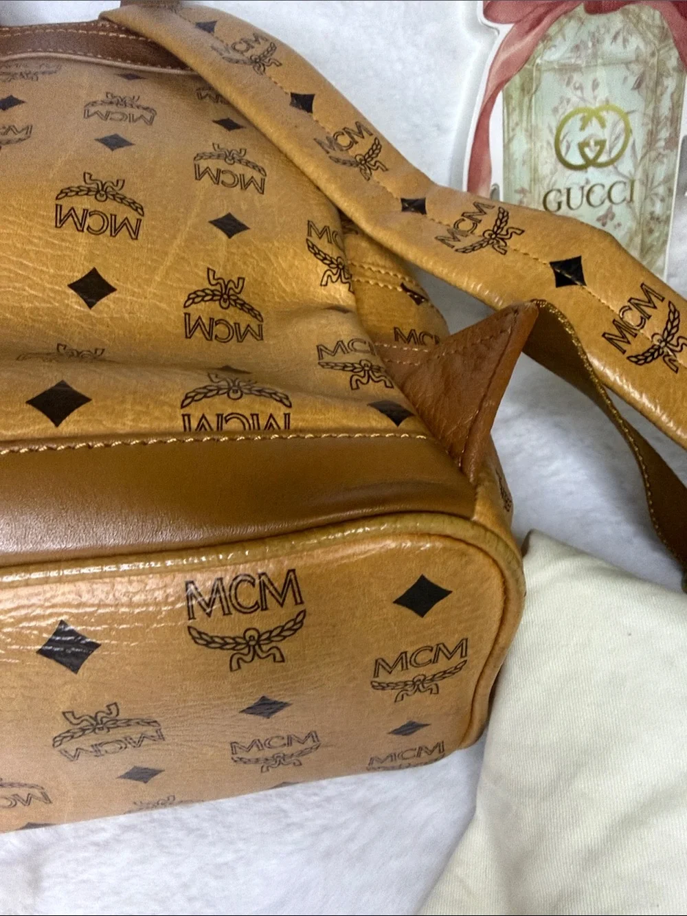 MCM Cognac Visetos Monogram Studded 2- Way Backpack Removable Pouch and Strap